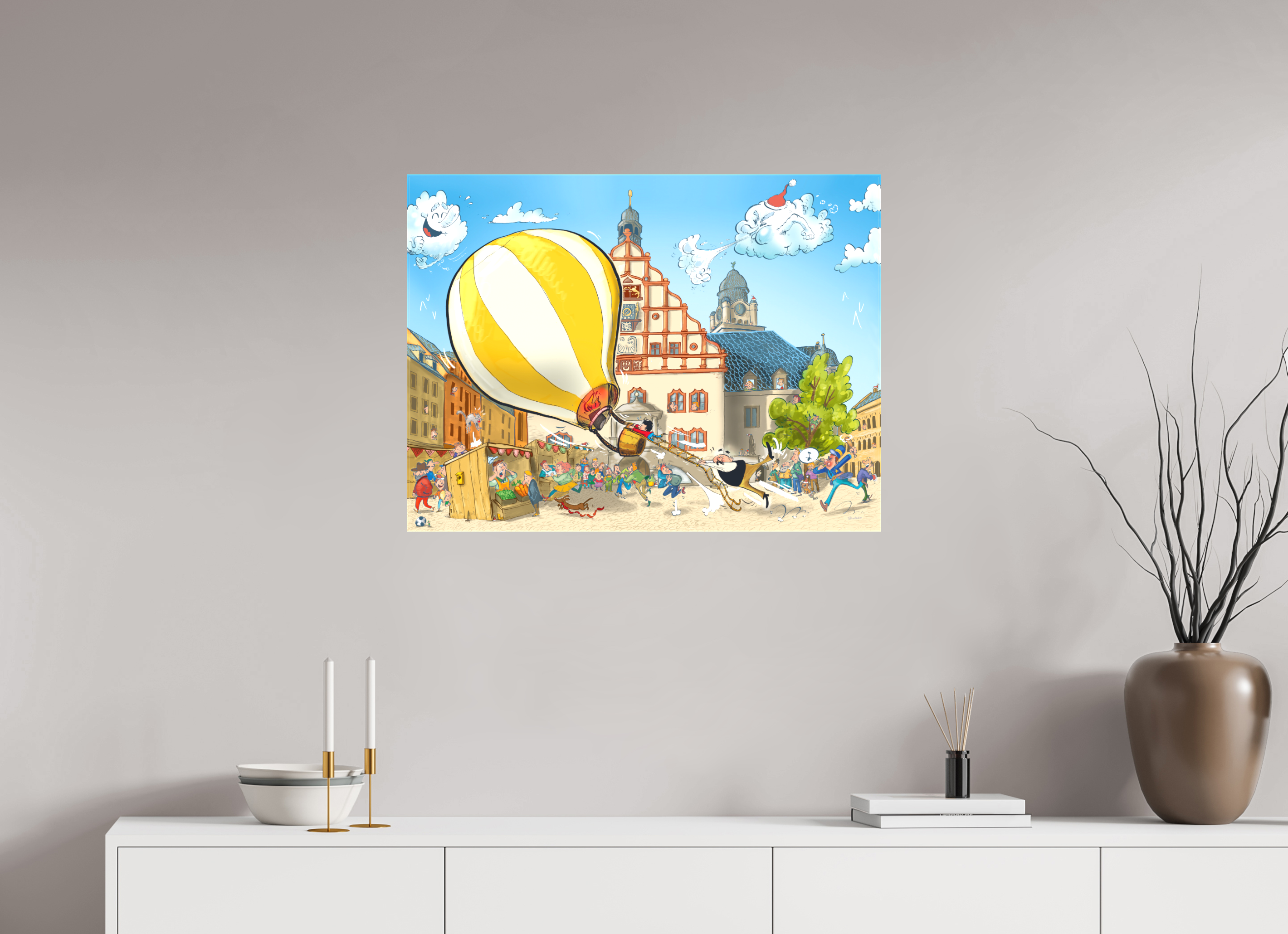 80 x 60 cm, Leinwand 20mm Trägerrahmen | Rand umgeschlagen Vater & Sohn · Lustige Ballonfahrt